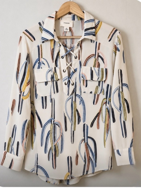 Madeline Tops - I Madeline Long Sleeve Corset Style Tie at Chest Cactus Print Long Sleeve Top